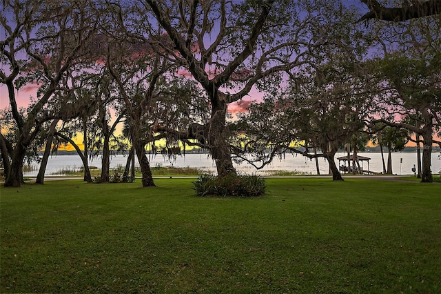 view of community featuring a lawn and a water view