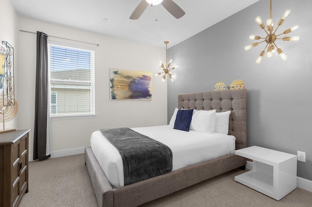 bedroom featuring light carpet, ceiling fan with notable chandelier, and vaulted ceiling