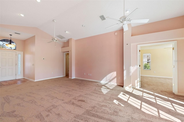 unfurnished living room featuring ceiling fan, light carpet, and high vaulted ceiling