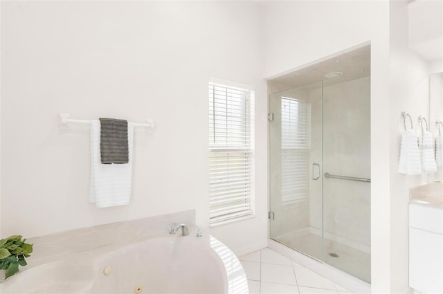 bathroom with tile patterned flooring and plus walk in shower