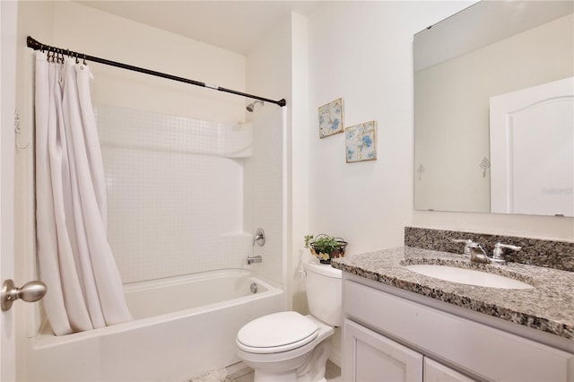 full bathroom with vanity, toilet, and shower / bathtub combination with curtain