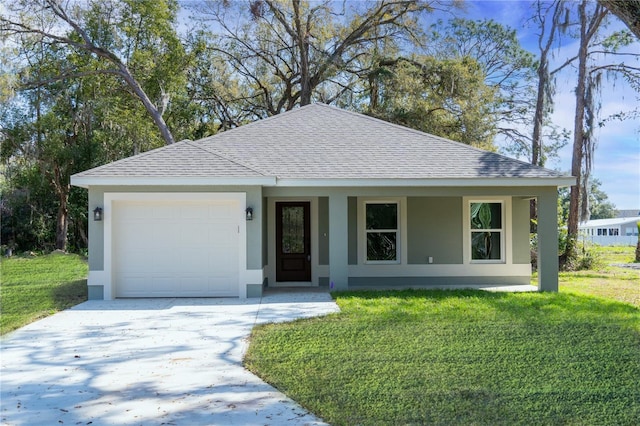 ranch-style house featuring stucco siding, driveway, roof with shingles, a front yard, and a garage