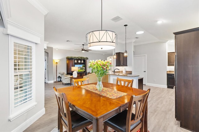 dining area featuring light hardwood / wood-style floors, ceiling fan, crown molding, and sink