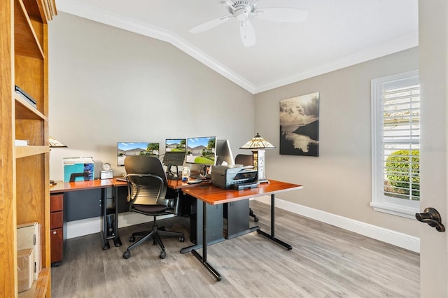 office featuring hardwood / wood-style floors, ceiling fan, ornamental molding, and vaulted ceiling