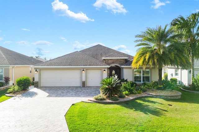 view of front of property featuring a front yard and a garage