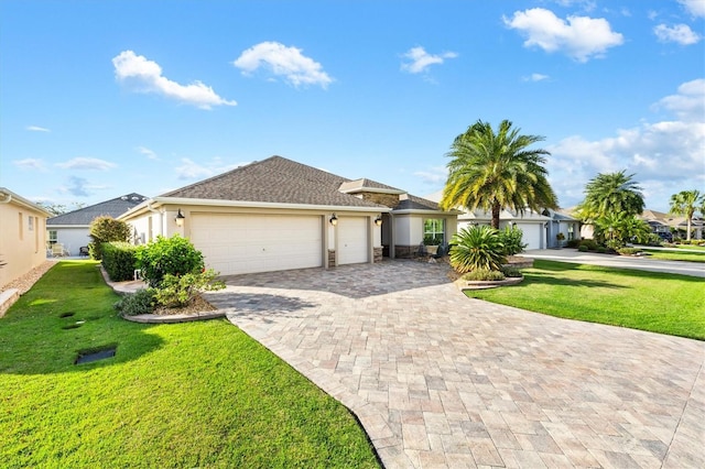 ranch-style home with a front yard and a garage