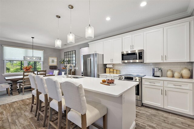 kitchen featuring white cabinets, sink, stainless steel appliances, and an island with sink