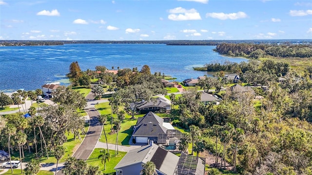 drone / aerial view featuring a water view