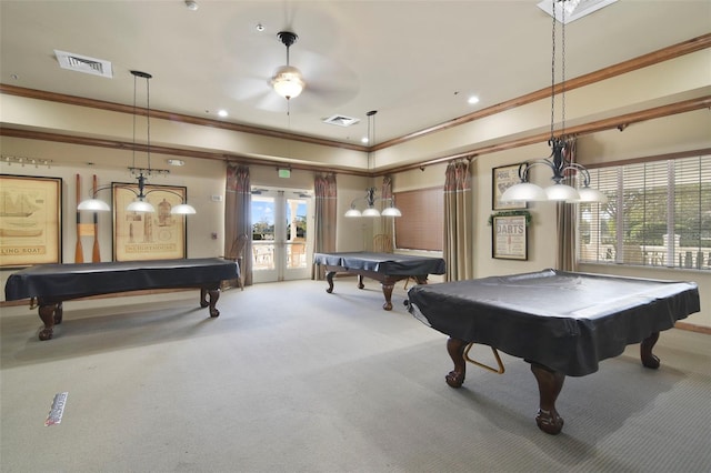 playroom featuring carpet, ceiling fan, ornamental molding, and french doors