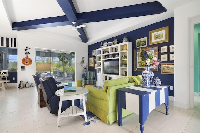 living room with beamed ceiling, tile patterned flooring, ceiling fan, and coffered ceiling