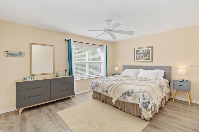 bedroom featuring ceiling fan and light wood-type flooring