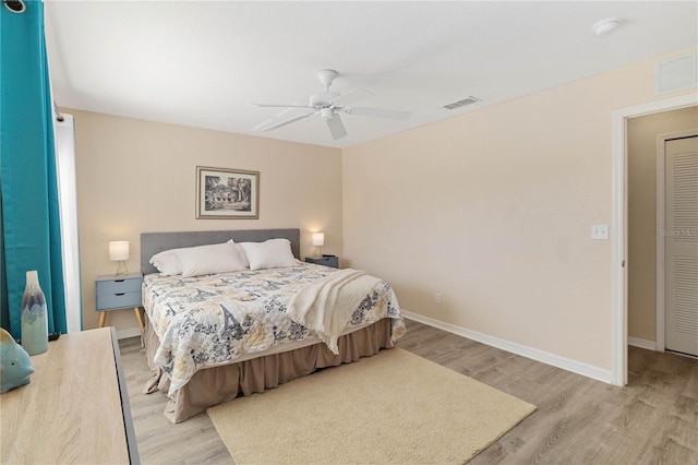 bedroom featuring ceiling fan and light hardwood / wood-style floors