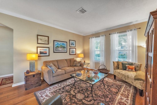 living room with light hardwood / wood-style floors, ornamental molding, and a textured ceiling