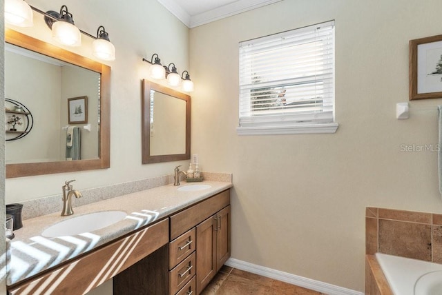 bathroom with tile patterned flooring, vanity, a tub to relax in, and ornamental molding