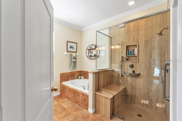 bathroom featuring tile patterned floors, shower with separate bathtub, crown molding, and a textured ceiling