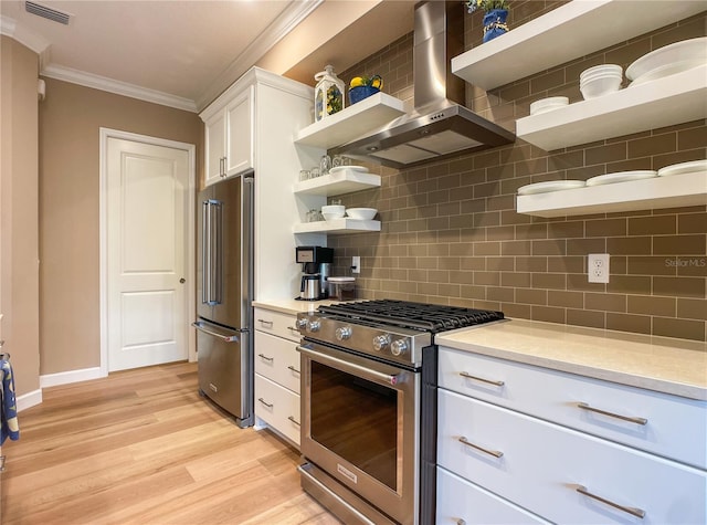 kitchen with white cabinetry, wall chimney exhaust hood, high quality appliances, light hardwood / wood-style floors, and decorative backsplash