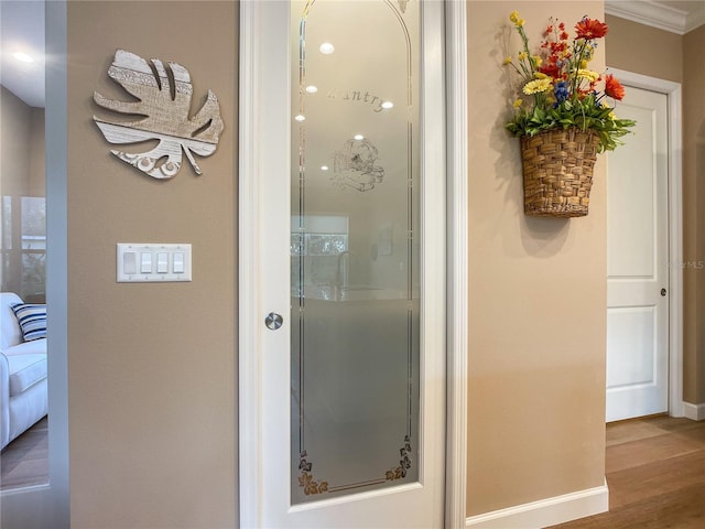 bathroom featuring crown molding and hardwood / wood-style flooring