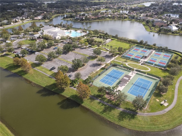 drone / aerial view with a water view