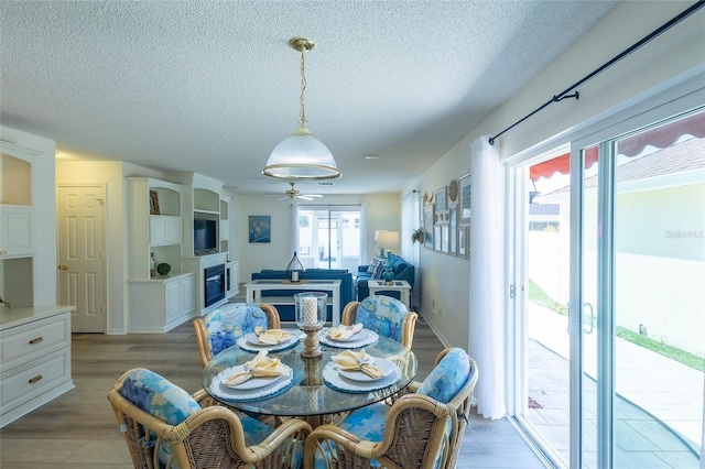 dining space featuring a textured ceiling, light wood-type flooring, and ceiling fan