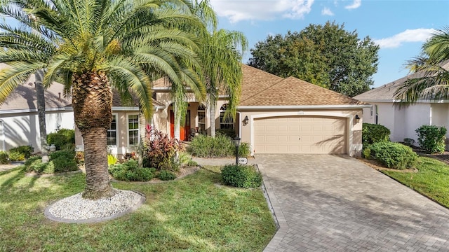 view of front of house with a garage and a front lawn