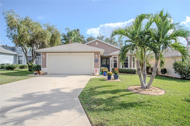 single story home with a garage and a front lawn