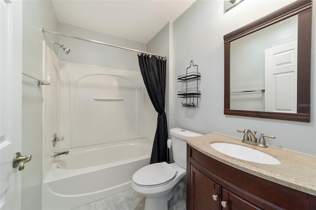 full bathroom featuring vanity, shower / bath combo, and toilet