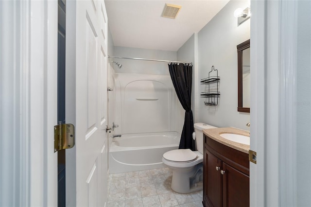 full bathroom with tile patterned flooring, vanity, toilet, and shower / bathtub combination with curtain