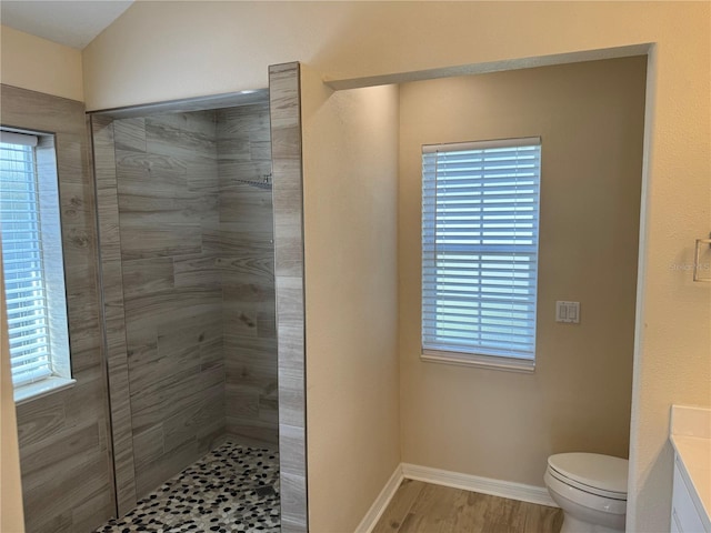 bathroom with a tile shower, a wealth of natural light, hardwood / wood-style flooring, and toilet