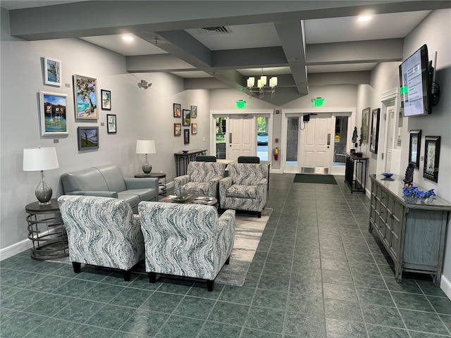 living room featuring dark tile patterned floors, beamed ceiling, and coffered ceiling