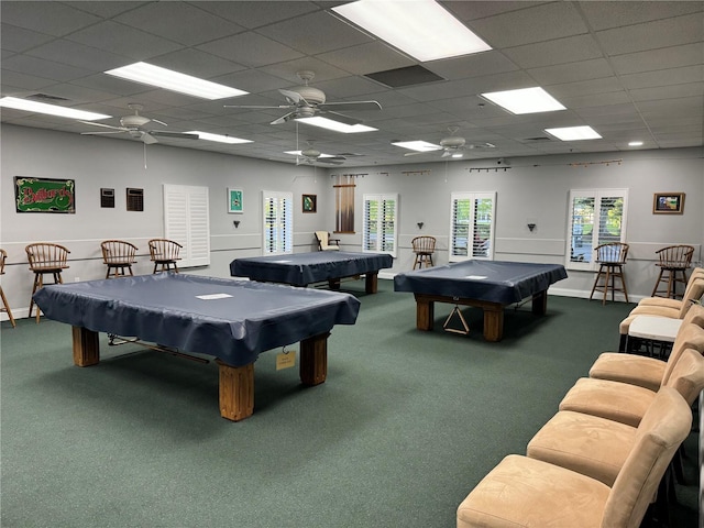 playroom with ceiling fan, carpet floors, and pool table