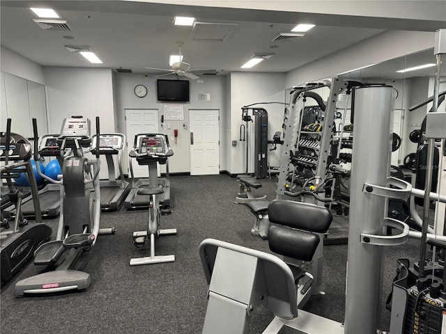 exercise room featuring ceiling fan