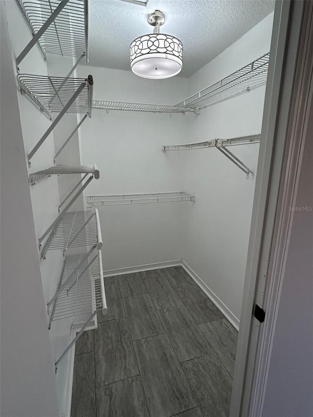 walk in closet with dark wood-type flooring