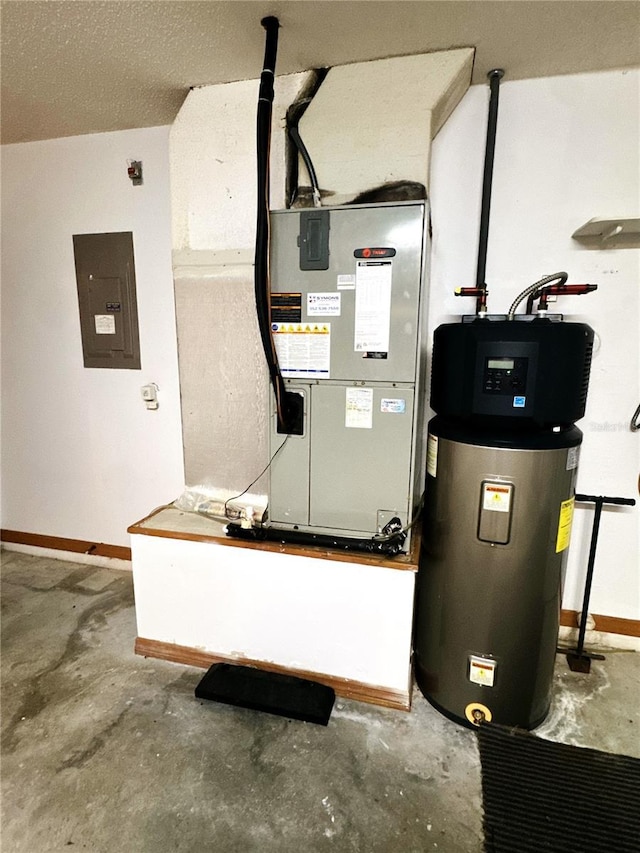 utility room with hybrid water heater and electric panel