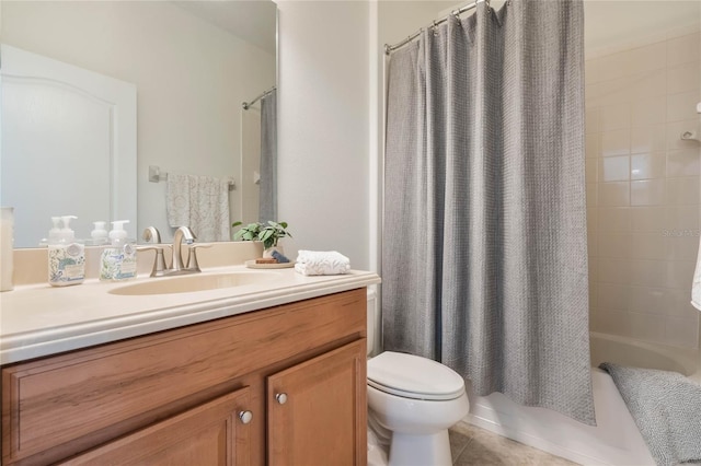 full bathroom with toilet, shower / bathtub combination with curtain, tile patterned floors, and vanity