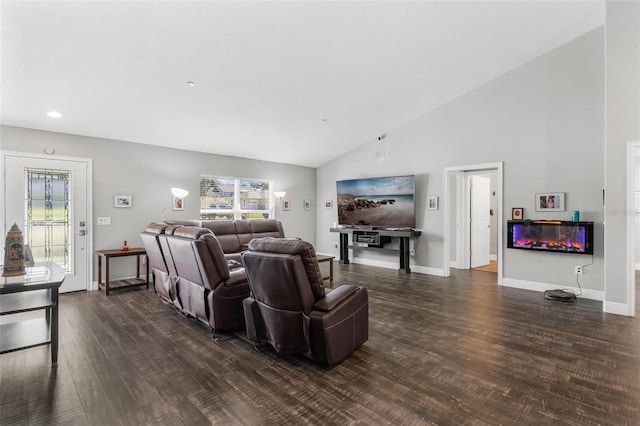 living room with dark hardwood / wood-style flooring and high vaulted ceiling