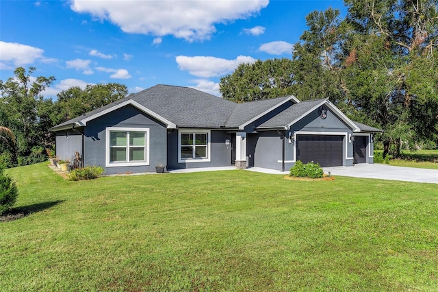 ranch-style house with a front yard and a garage