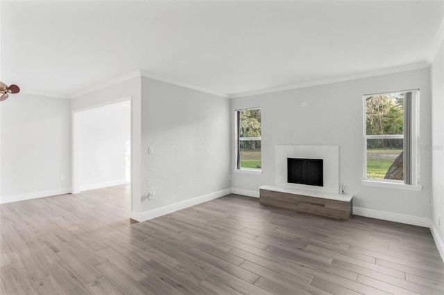 unfurnished living room with ornamental molding and light hardwood / wood-style floors