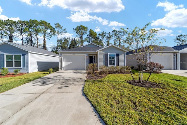 single story home with a garage and a front yard