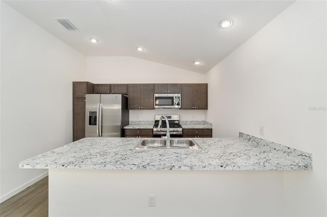 kitchen with kitchen peninsula, appliances with stainless steel finishes, dark hardwood / wood-style flooring, sink, and lofted ceiling