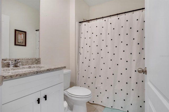 bathroom with vanity, tile patterned flooring, toilet, and a shower with shower curtain