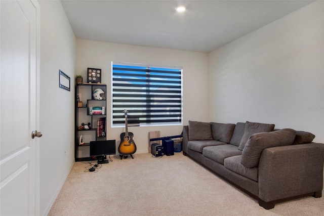 living room featuring light carpet