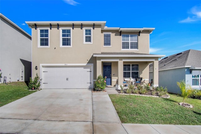 view of front of house featuring a garage, a front lawn, and a porch