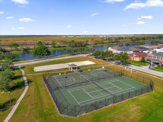 aerial view featuring a water view and a residential view