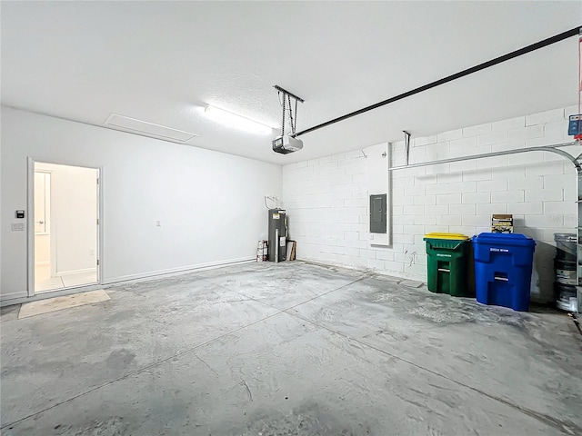 garage featuring electric panel, electric water heater, and a garage door opener