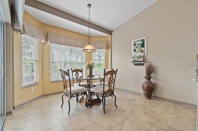 dining room featuring a textured ceiling and lofted ceiling