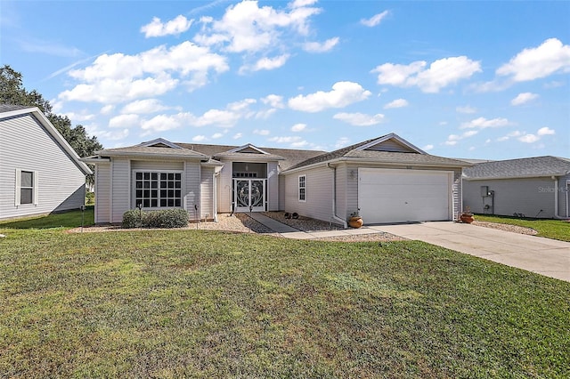 single story home with a garage and a front lawn