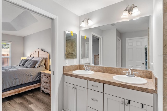 bathroom with hardwood / wood-style floors and vanity