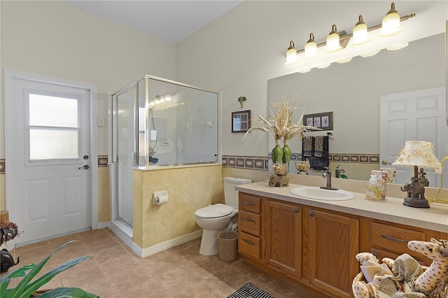 bathroom with tile patterned flooring, tile walls, and an enclosed shower