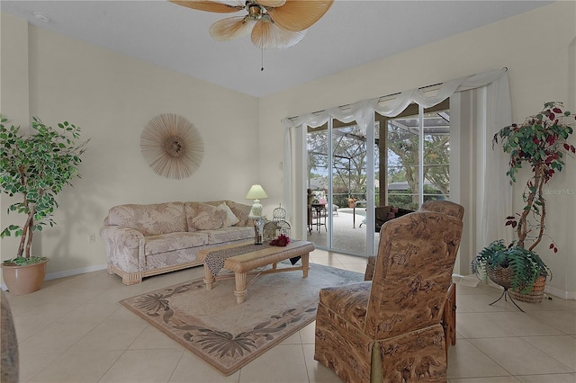 living room featuring ceiling fan and light tile patterned flooring