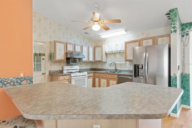 kitchen featuring light brown cabinets, lofted ceiling, sink, appliances with stainless steel finishes, and light hardwood / wood-style floors